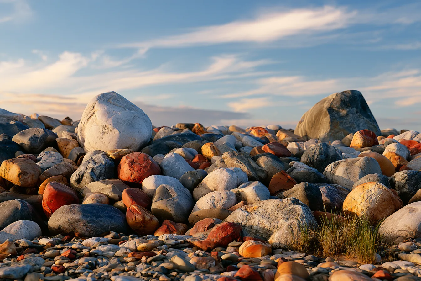Photograph of a shoreline bank of smooth stones grading from large boulders down to fine pebbles