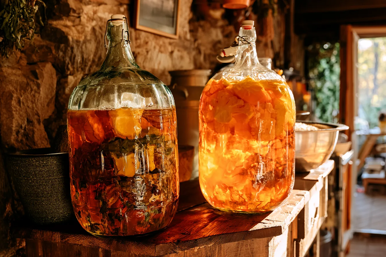 Photograph of two glass fermentation jars glowing amber with citrus and botanicals in a rustic kitchen