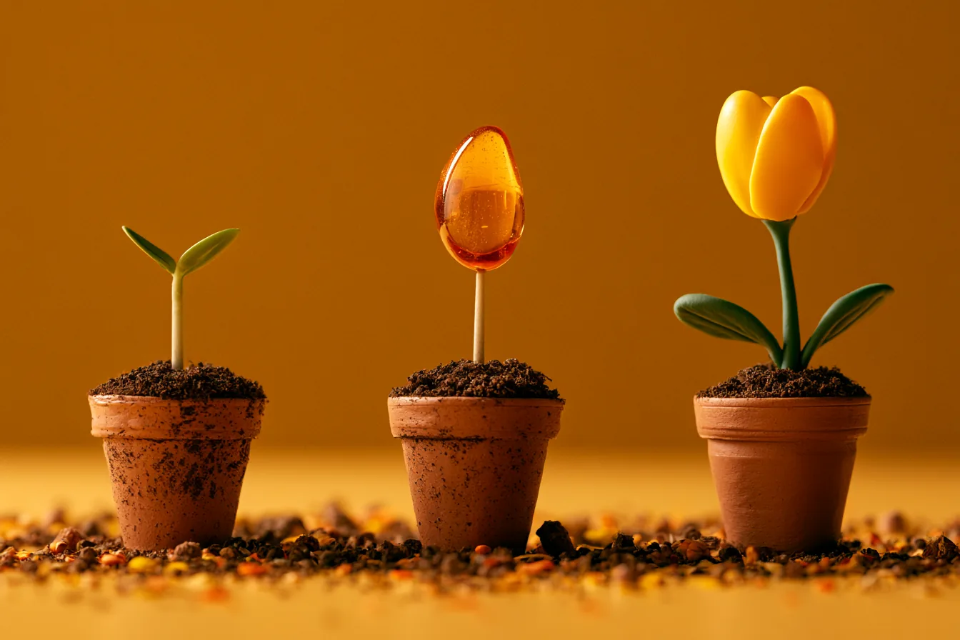 Photograph of three terracotta pots staging a sprout, an amber bud and a full yellow bloom
