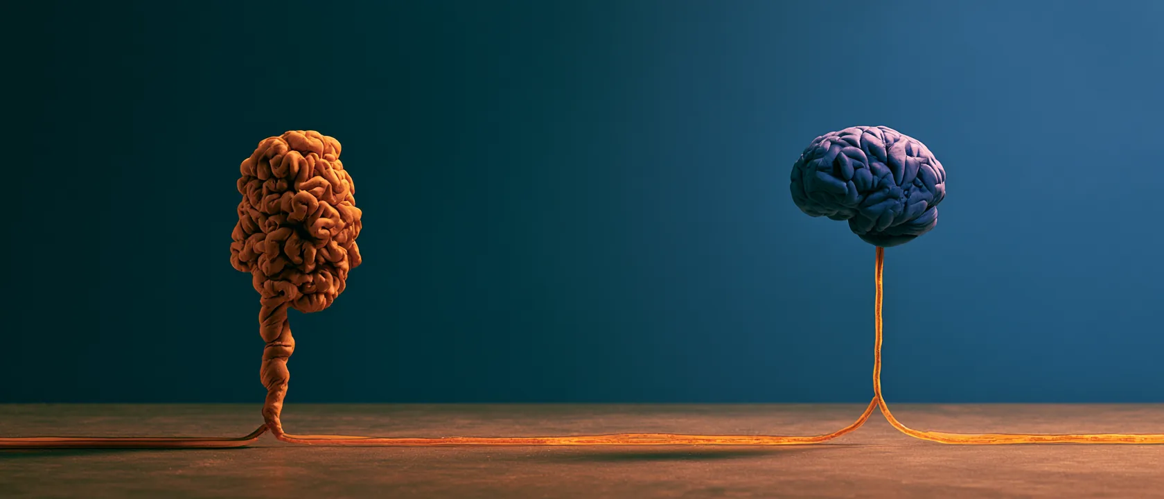 Photograph of a clay gut and a clay brain joined by one amber cord across a dark blue ground