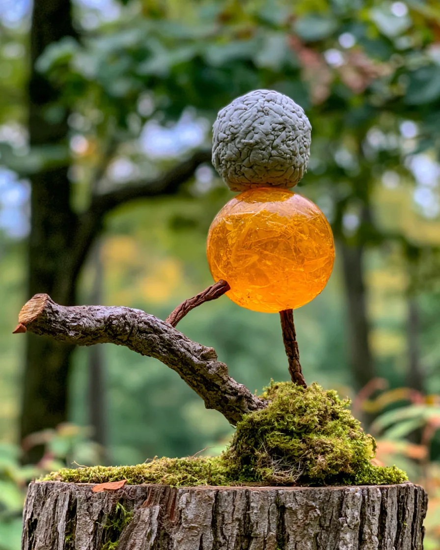Photograph of a grey brain-textured sphere resting on an amber glass sphere on a mossy stump