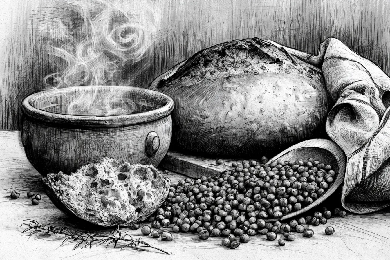 Pencil still life of a wholegrain loaf, a steaming bowl and dried legumes spilling from a wooden scoop