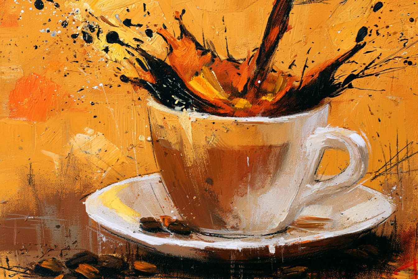 Oil painting of coffee splashing into a white cup on an amber ground