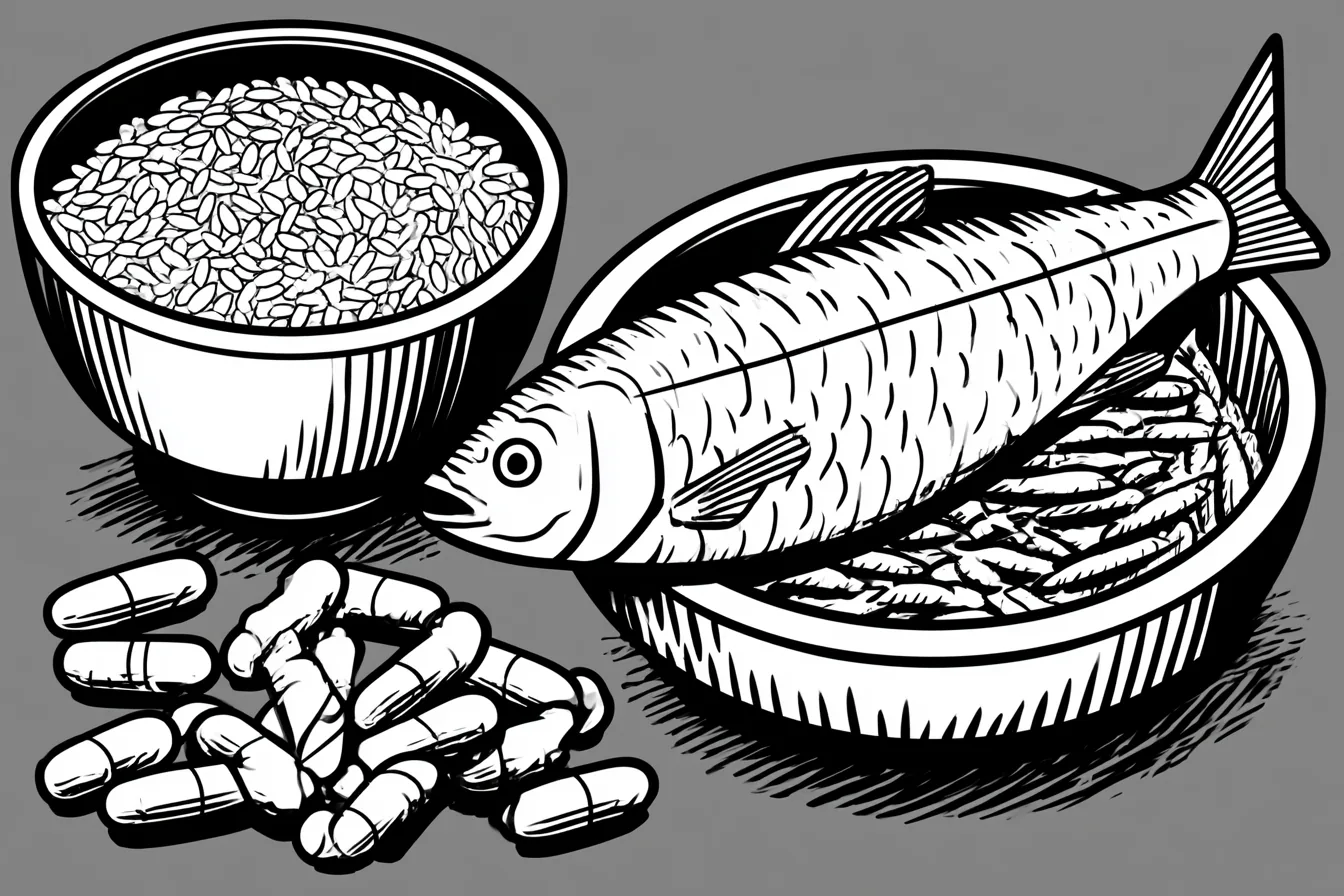 Black-and-white comic drawing of a whole fish and a bowl of rice beside scattered capsules