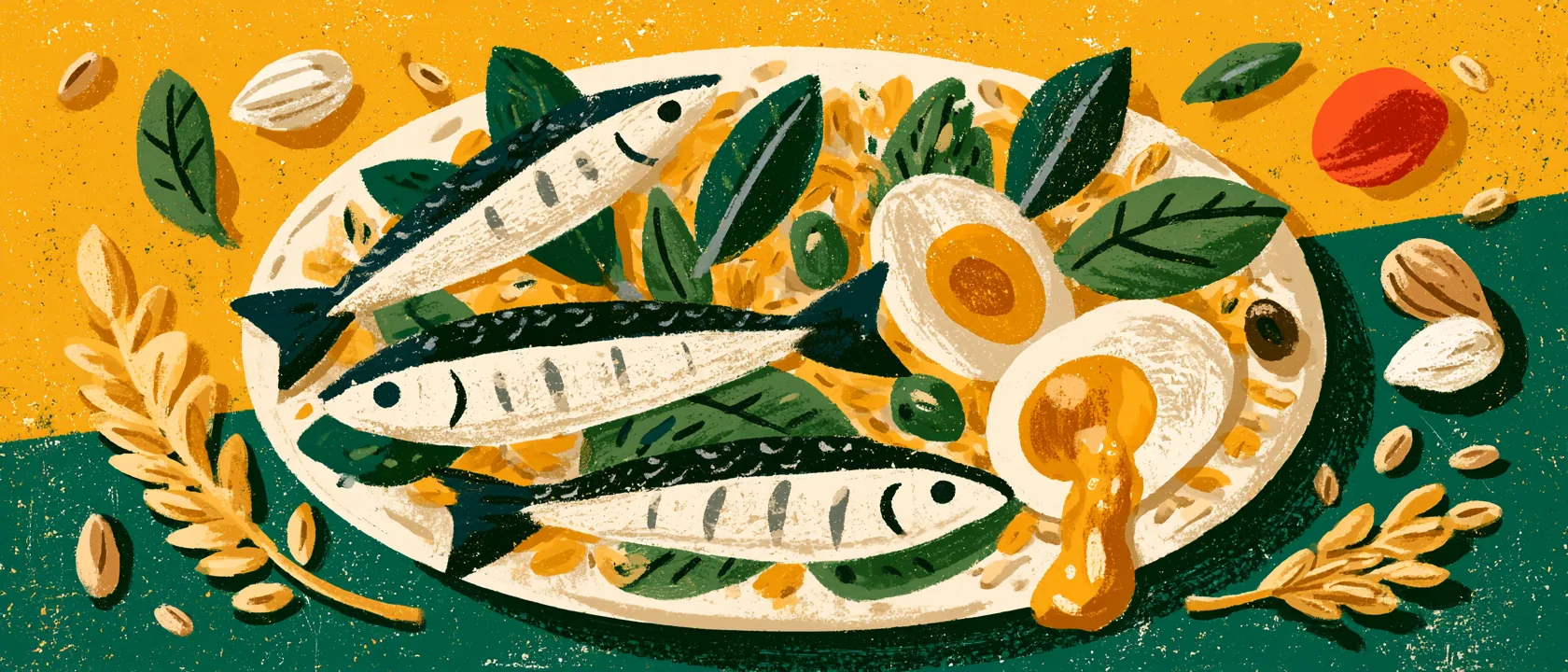 Illustrated platter of sardines, soft-boiled eggs, leafy greens and whole grains on a gold and green ground