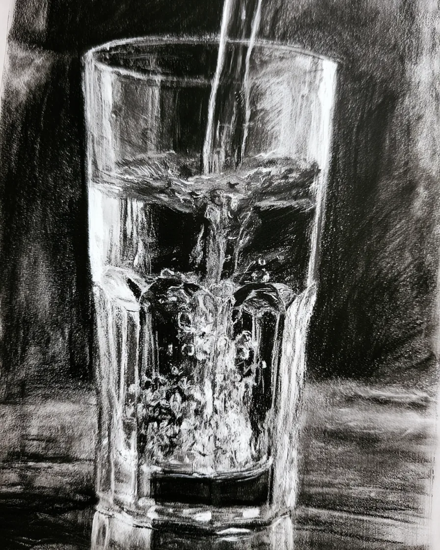 Charcoal drawing of water pouring into a faceted glass