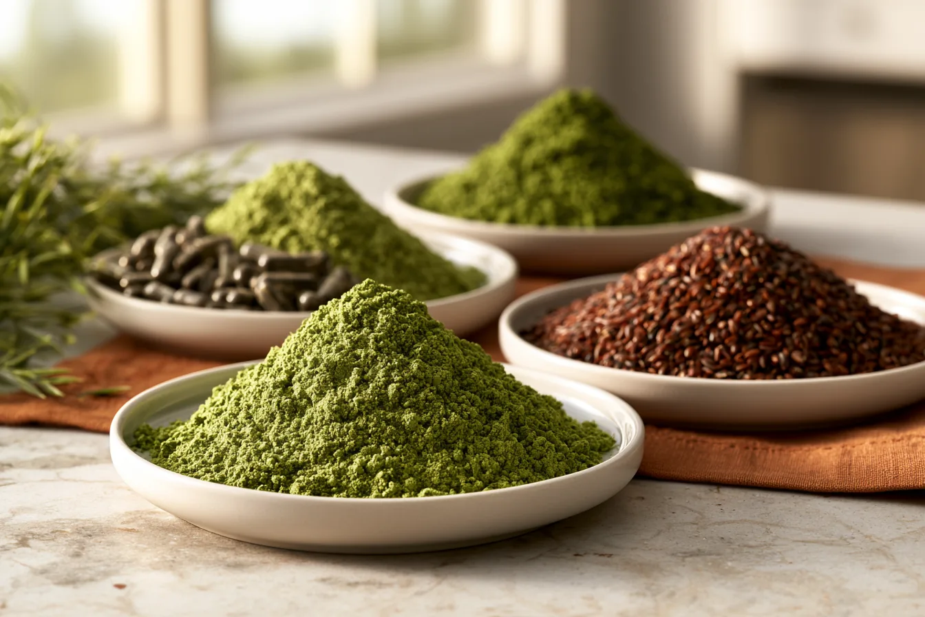 Photograph of plates piled with green powder, dark softgels and a scatter of brown grains