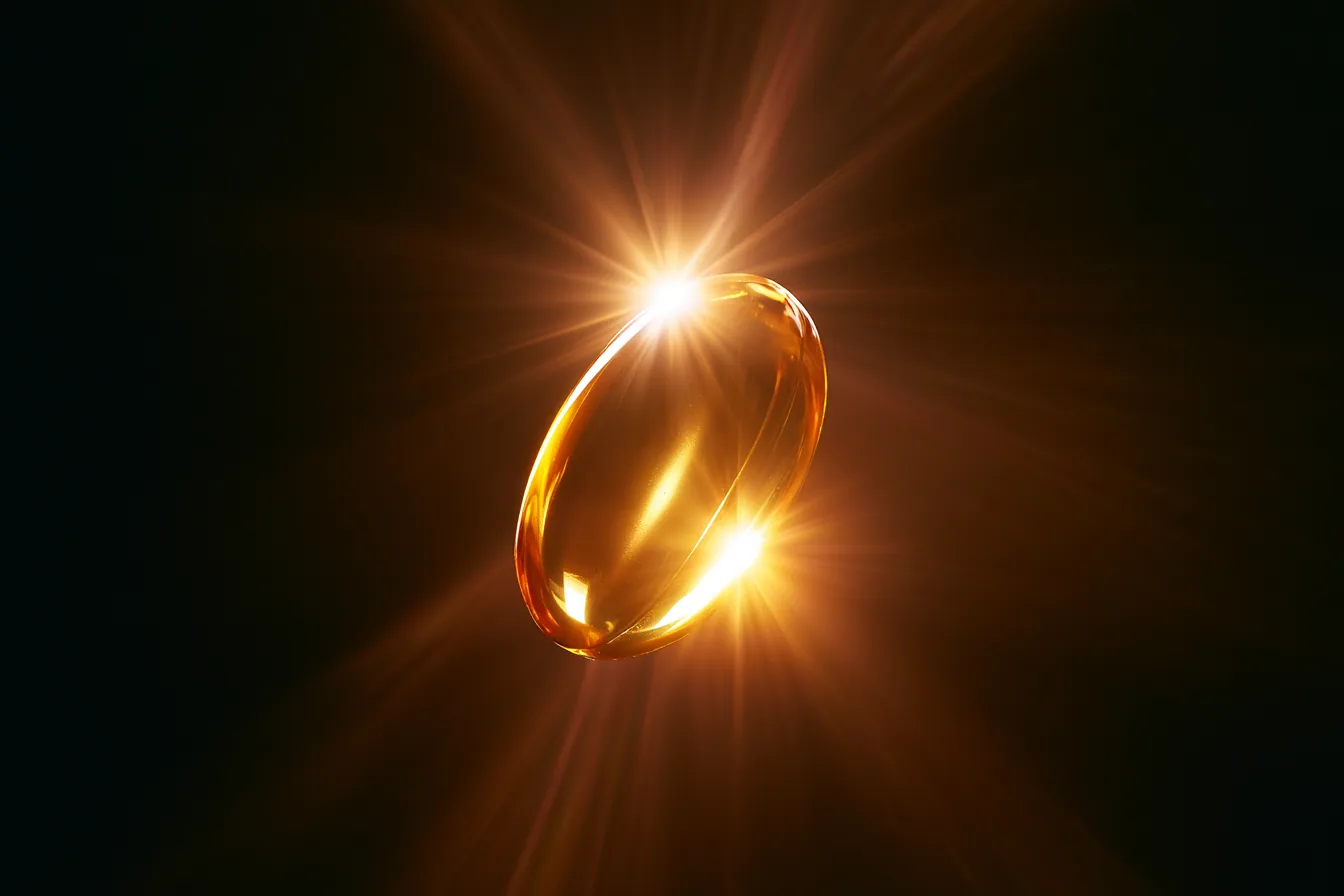 Photograph of a single fish-oil softgel backlit like an eclipse against black