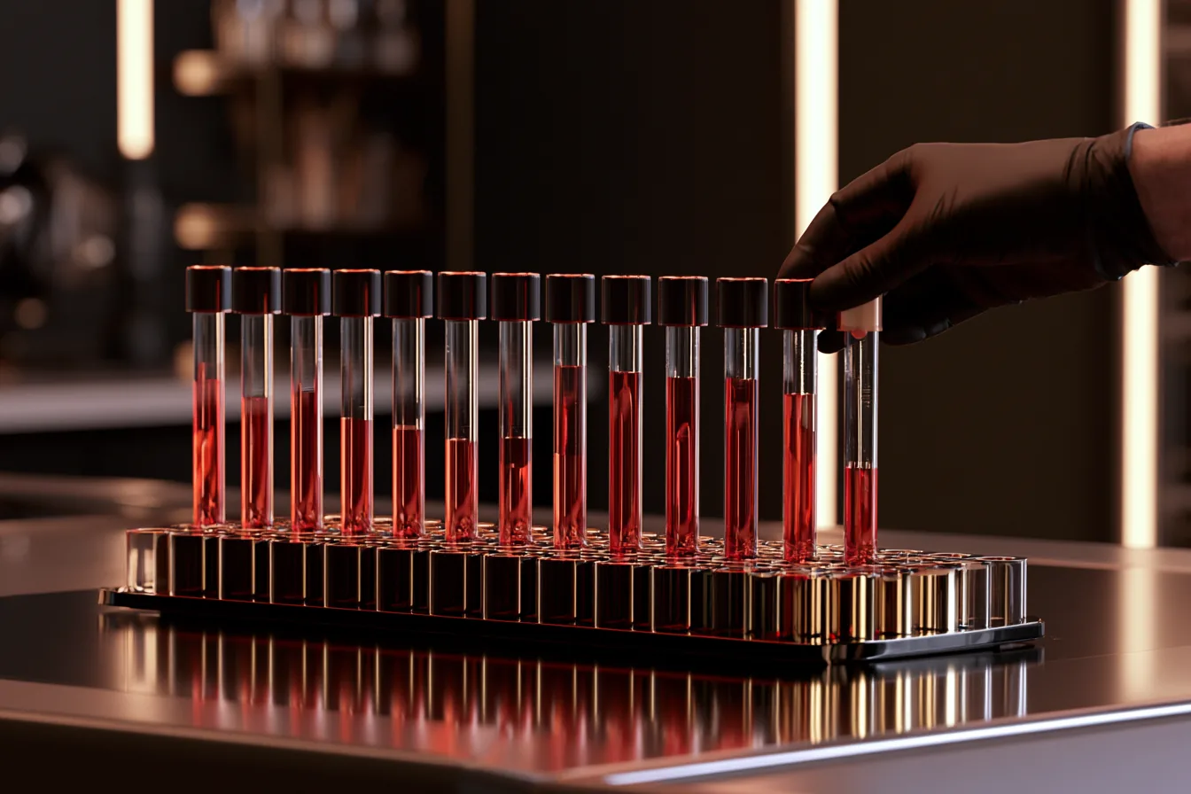 Photograph of a gloved hand lifting one tube from a rack of blood samples
