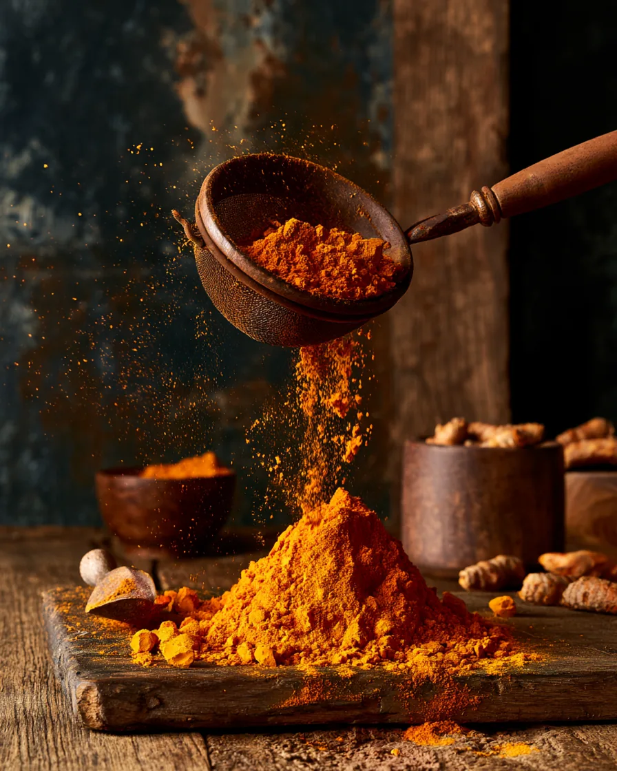 Photograph of turmeric powder pouring from a sieve into a bright orange cone on a dark board