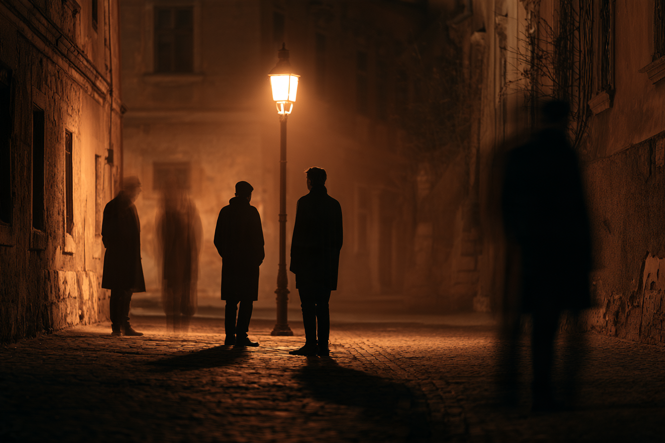 Three figures in long coats under a single street lamp in a foggy old-town street, one blurred as if passing through.