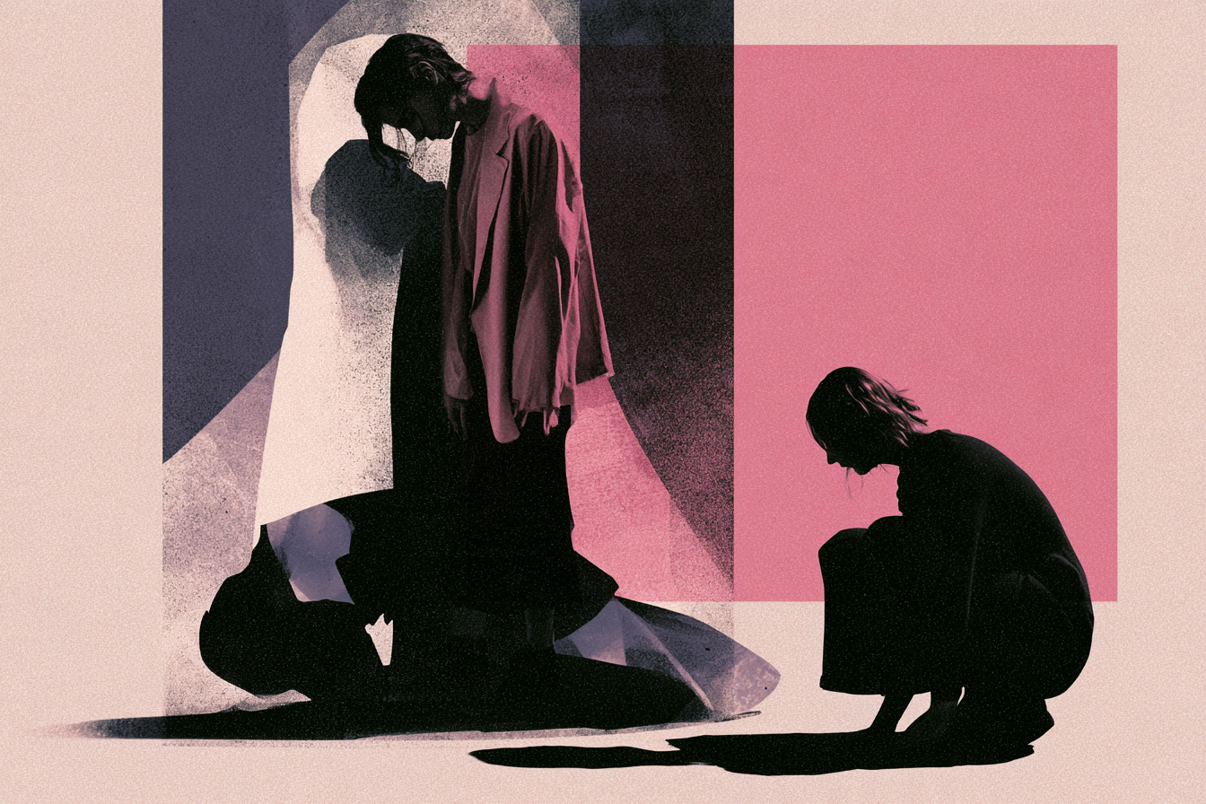 Two-colour print of two figures, one standing with head bowed and one crouched, against overlapping pink and slate blocks.