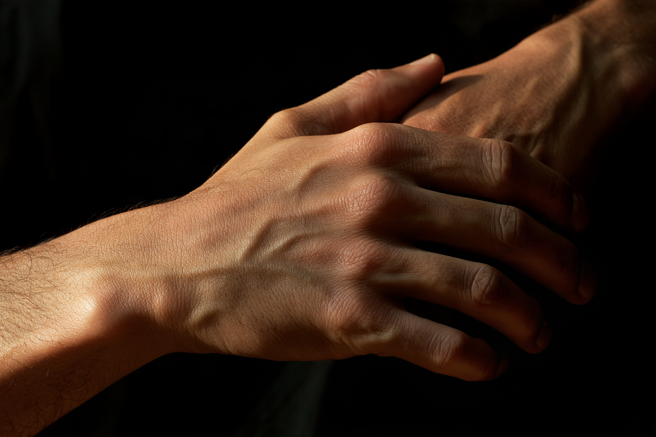 One hand laid over another wrist in a shaft of warm light against black.