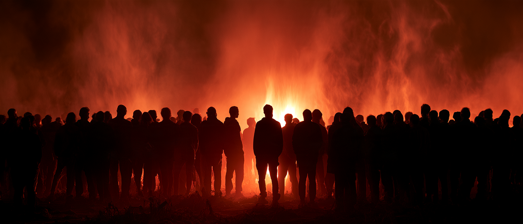 A crowd seen from behind, silhouetted against a wall of firelight and smoke at night.