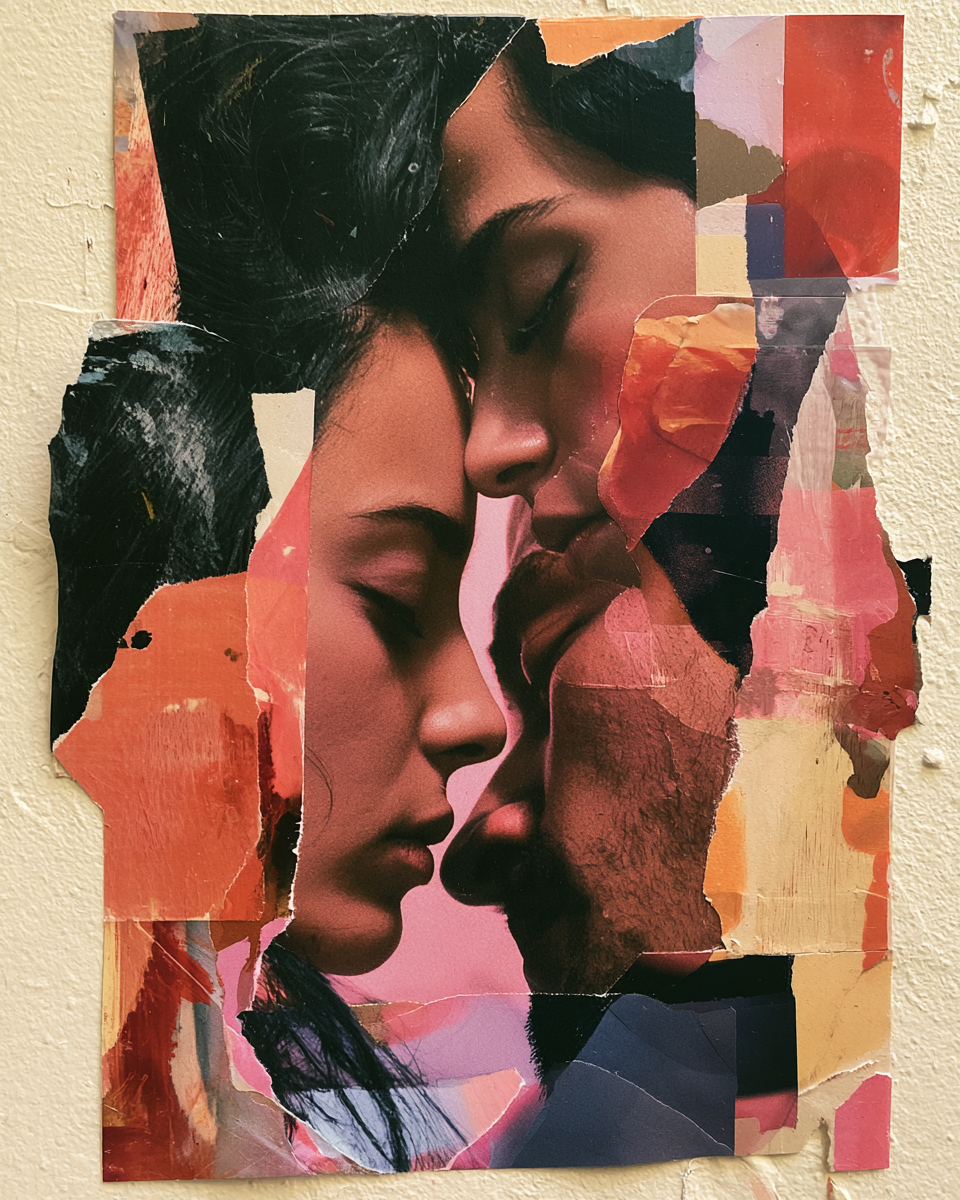 Torn-paper collage of two faces resting forehead to forehead, eyes closed, in pinks and ochres.