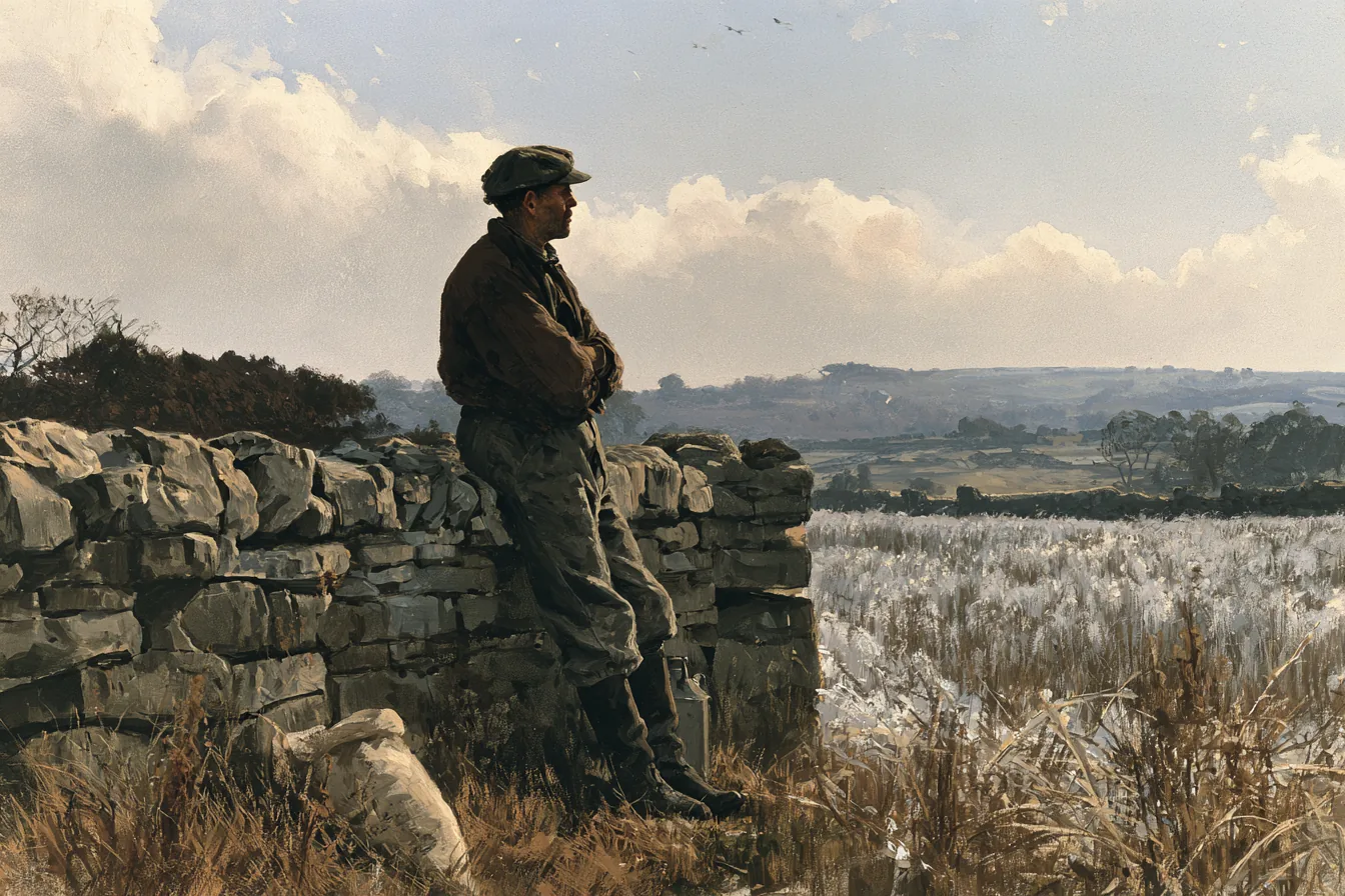 Gouache painting of a farmer in a flat cap leaning on a dry stone wall beside a frost white field, a seed sack at his feet, watching the light