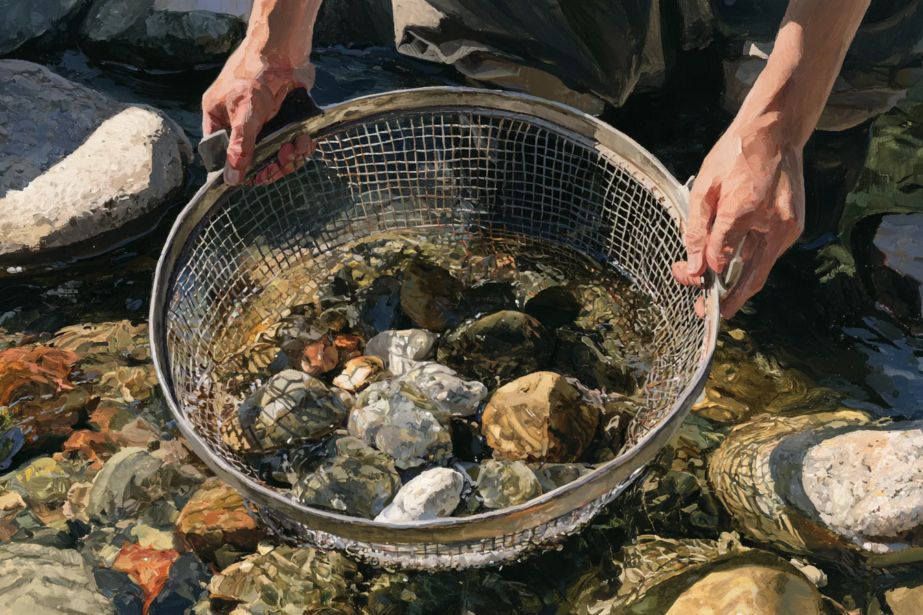 Gouache painting of two hands holding a wire mesh sieve over a shallow stream, the larger stones left in the mesh while the fine gravel has passed through