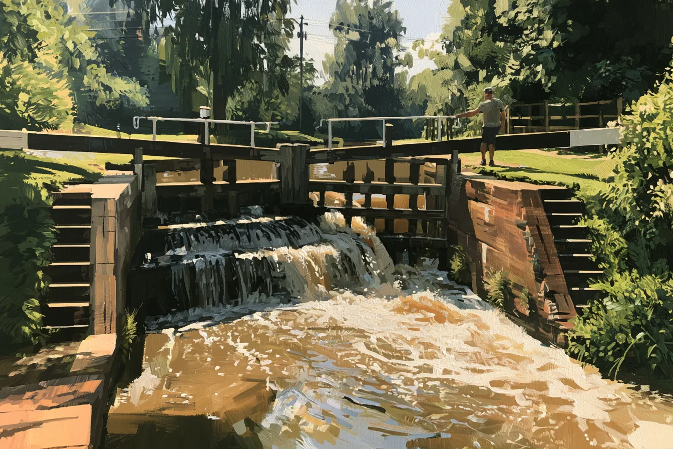 Gouache painting of a canal lock with its sluice gate open and brown water pouring through, a man standing on the bank beside the gate