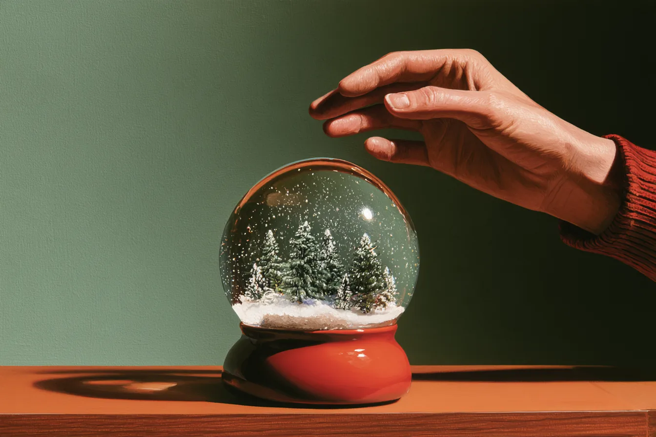 Gouache painting of an open hand held above a snow globe on a wooden shelf, not touching it, while the snow settles around the small pine trees inside