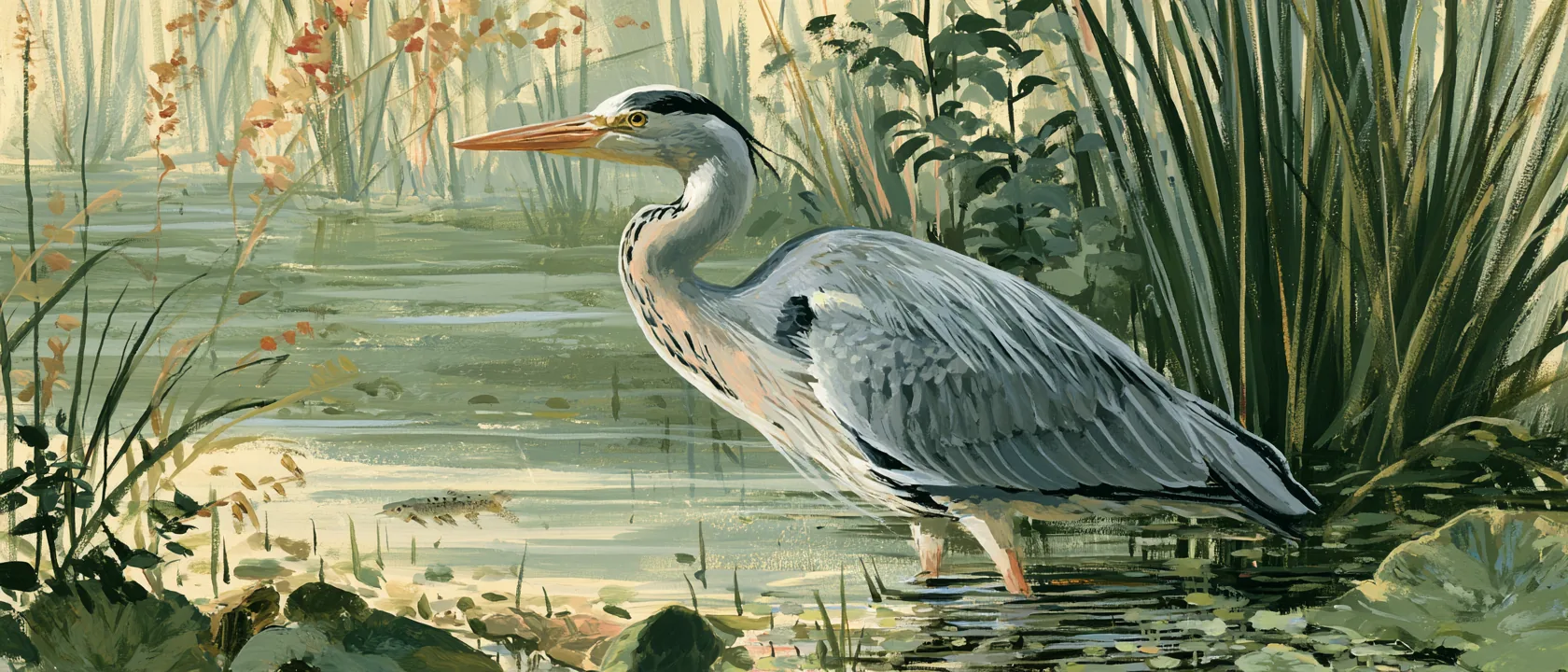 Gouache painting of a grey heron standing motionless in shallow water among reeds, a small fish drifting past below its beak